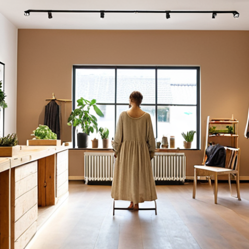 **Prompt:** A cozy, minimalist boutique interior showcasing sustainable fashion. The shop features recycled wood displays, lush green plants, and clothing made from natural fibers. Soft, diffused LED lighting highlights the textures and colors. Customers are browsing thoughtfully, examining tags and engaging with a friendly shop assistant. The overall feeling is one of calm elegance and conscious consumerism. Focus on conveying "Nachhaltigkeit im Laden" (Sustainability in the shop). The image should resonate with a modern German aesthetic, emphasizing quality and environmental responsibility.