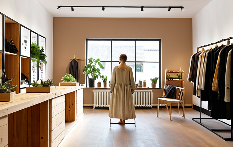 **Prompt:** A cozy, minimalist boutique interior showcasing sustainable fashion. The shop features recycled wood displays, lush green plants, and clothing made from natural fibers. Soft, diffused LED lighting highlights the textures and colors. Customers are browsing thoughtfully, examining tags and engaging with a friendly shop assistant. The overall feeling is one of calm elegance and conscious consumerism. Focus on conveying "Nachhaltigkeit im Laden" (Sustainability in the shop). The image should resonate with a modern German aesthetic, emphasizing quality and environmental responsibility.