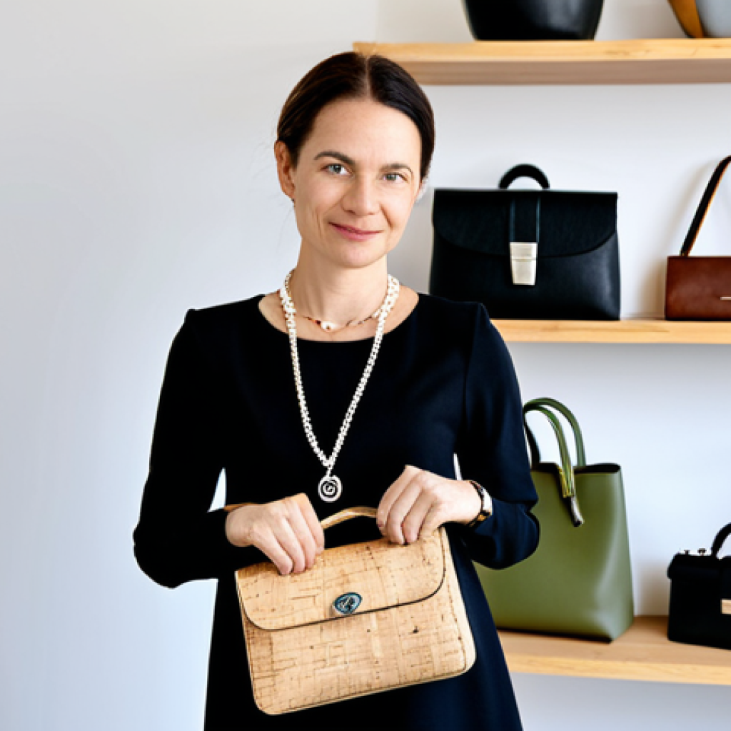 A professional female designer in her mid-30s, with a warm, thoughtful expression. She is gently holding up a stylish, modern handbag crafted from a unique, textured plant-based leather alternative, while her other hand rests near an elegant display of wallets made from cork and a necklace crafted from recycled silver. She is dressed in a modest, contemporary business-casual outfit with long sleeves. The setting is a bright, minimalist design studio, filled with natural light. In the soft, blurred background, shelves with rolls of innovative sustainable fabrics and creative sketches are visible, hinting at eco-conscious design and craftsmanship. high detail, professional photography, soft studio lighting, perfect anatomy, correct proportions, natural pose, well-formed hands, proper finger count, natural body proportions, crisp focus, fully clothed, modest clothing, appropriate attire, professional dress, safe for work, appropriate content, family-friendly.