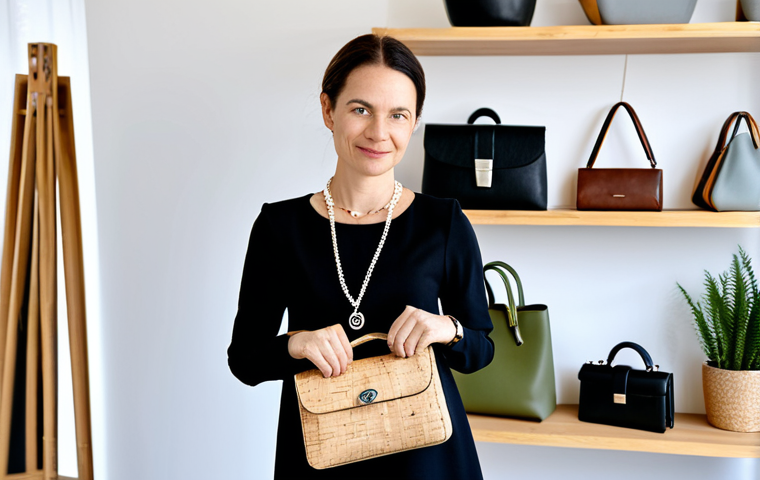 A professional female designer in her mid-30s, with a warm, thoughtful expression. She is gently holding up a stylish, modern handbag crafted from a unique, textured plant-based leather alternative, while her other hand rests near an elegant display of wallets made from cork and a necklace crafted from recycled silver. She is dressed in a modest, contemporary business-casual outfit with long sleeves. The setting is a bright, minimalist design studio, filled with natural light. In the soft, blurred background, shelves with rolls of innovative sustainable fabrics and creative sketches are visible, hinting at eco-conscious design and craftsmanship. high detail, professional photography, soft studio lighting, perfect anatomy, correct proportions, natural pose, well-formed hands, proper finger count, natural body proportions, crisp focus, fully clothed, modest clothing, appropriate attire, professional dress, safe for work, appropriate content, family-friendly.