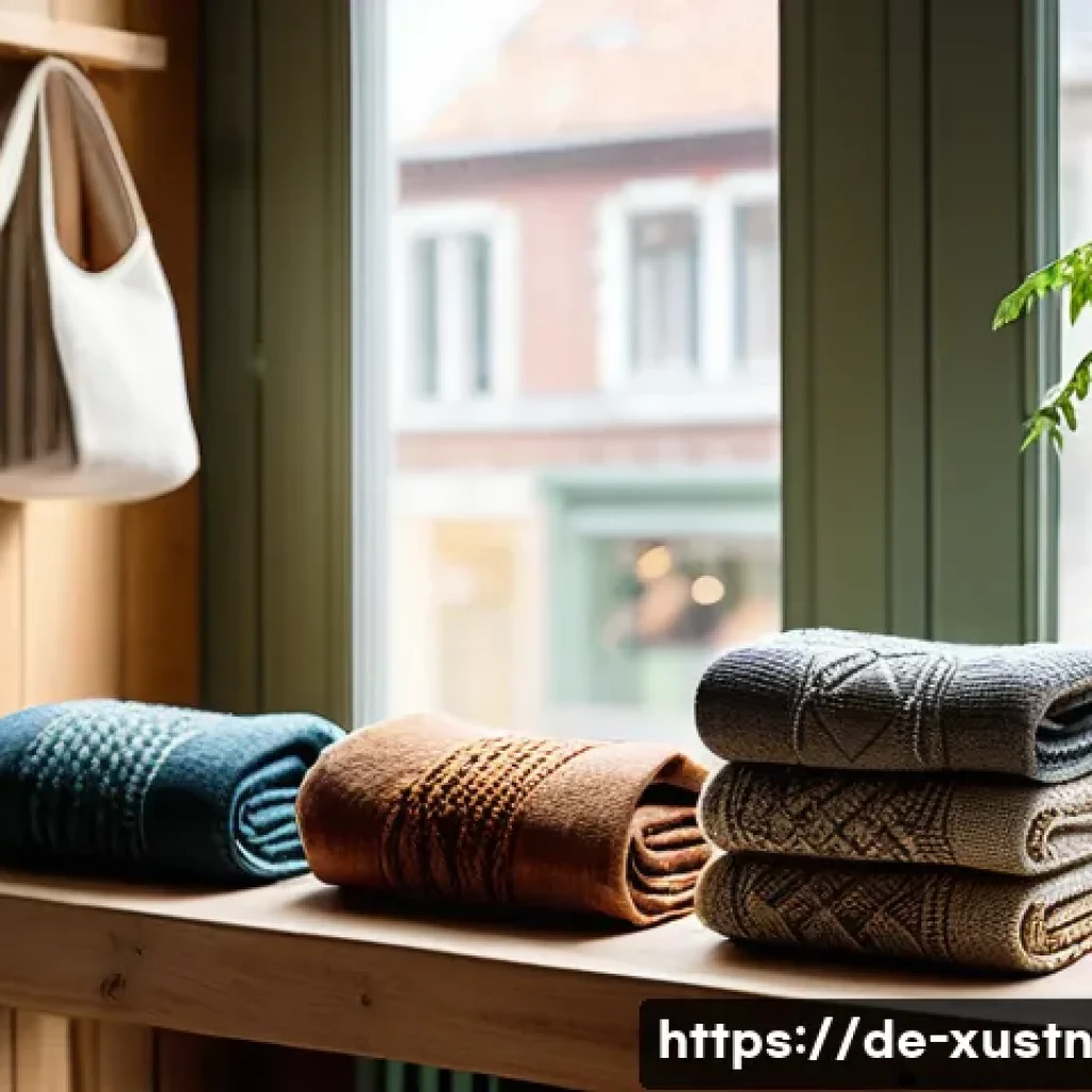 악세서리와 지속가능한 소비 패턴 - A high-resolution close-up of a sustainable fashion accessory display featuring scarves and handbags...