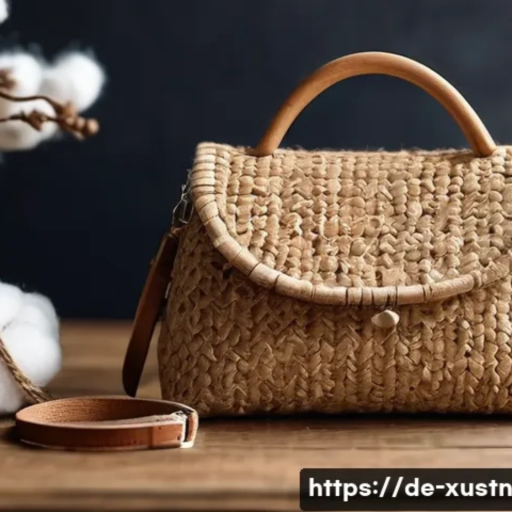 악세서리와 지속가능한 라이프스타일 - A stylish scene featuring a handcrafted cork handbag placed on a rustic wooden table, surrounded by ...