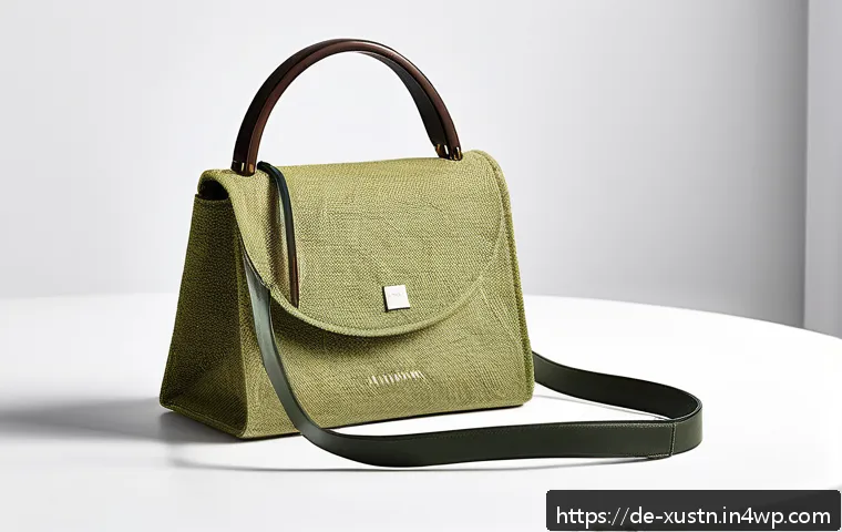 지속가능한 악세서리 브랜드의 소셜 임팩트 - A minimalist, modern sustainable handbag made from organic hemp and bio-cotton, displayed on a clean...
