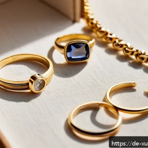 환경을 생각한 악세서리 브랜드 소개 - A close-up image of a minimalist sustainable jewelry collection featuring recycled gold and fairtrad...