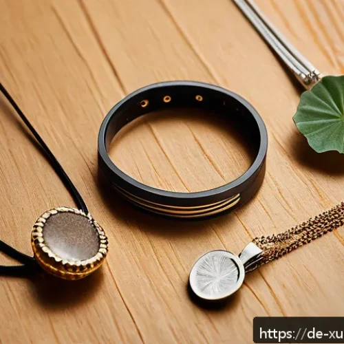 악세서리 브랜드의 지속가능성 향상 방안 - A close-up image of a modern sustainable jewelry collection displayed on a natural wooden surface, f...