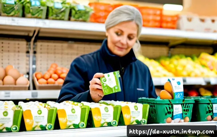 친환경 인증 마크의 중요성 - Photorealistic close-up in a bright German supermarket produce aisle, a middle-aged shopper comparin...